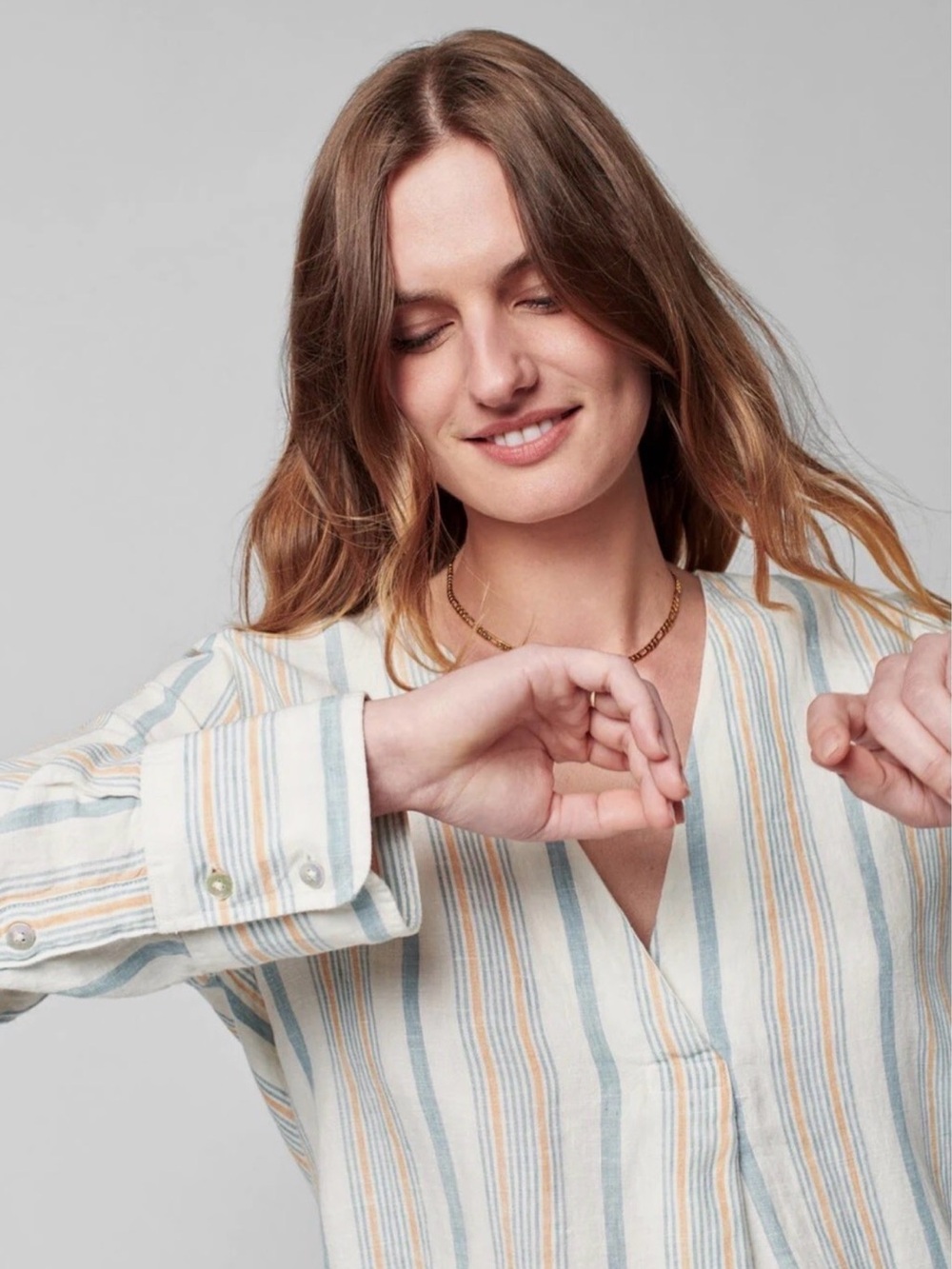 Faherty Striped V-Neck Linen Dress in White, Light Blue, Tan - Picture 3 of 10